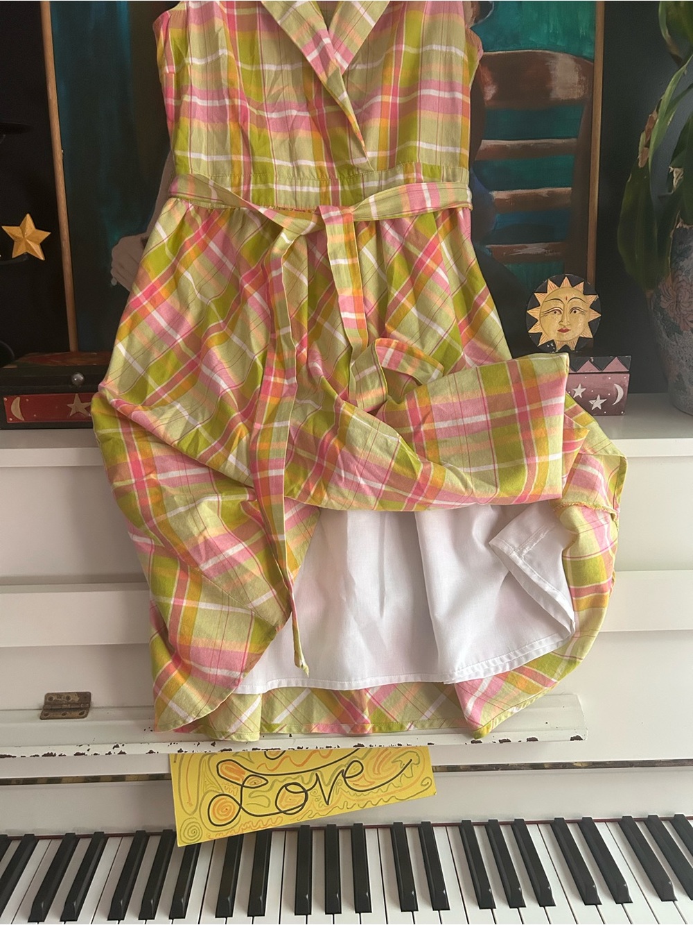 Pure Alfred Sung Plaid Wrap Midi Dress Belted Pink Green Sleeveless Women M - Picture 13 of 16